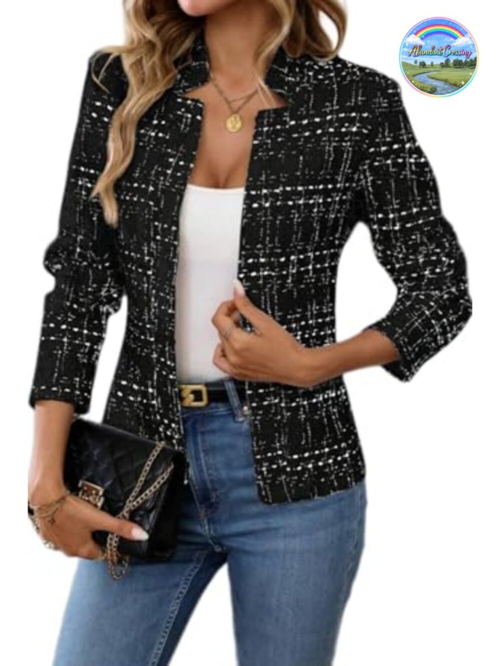 Womens Tweed Open Front Blazer Slim Fit Notch Collar Business Casual